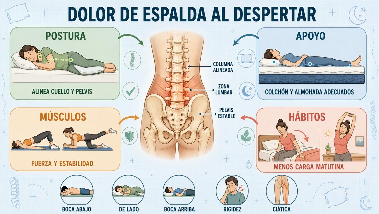 Postura, apoyo, fuerza y hábitos reducen la rigidez lumbar matutina.