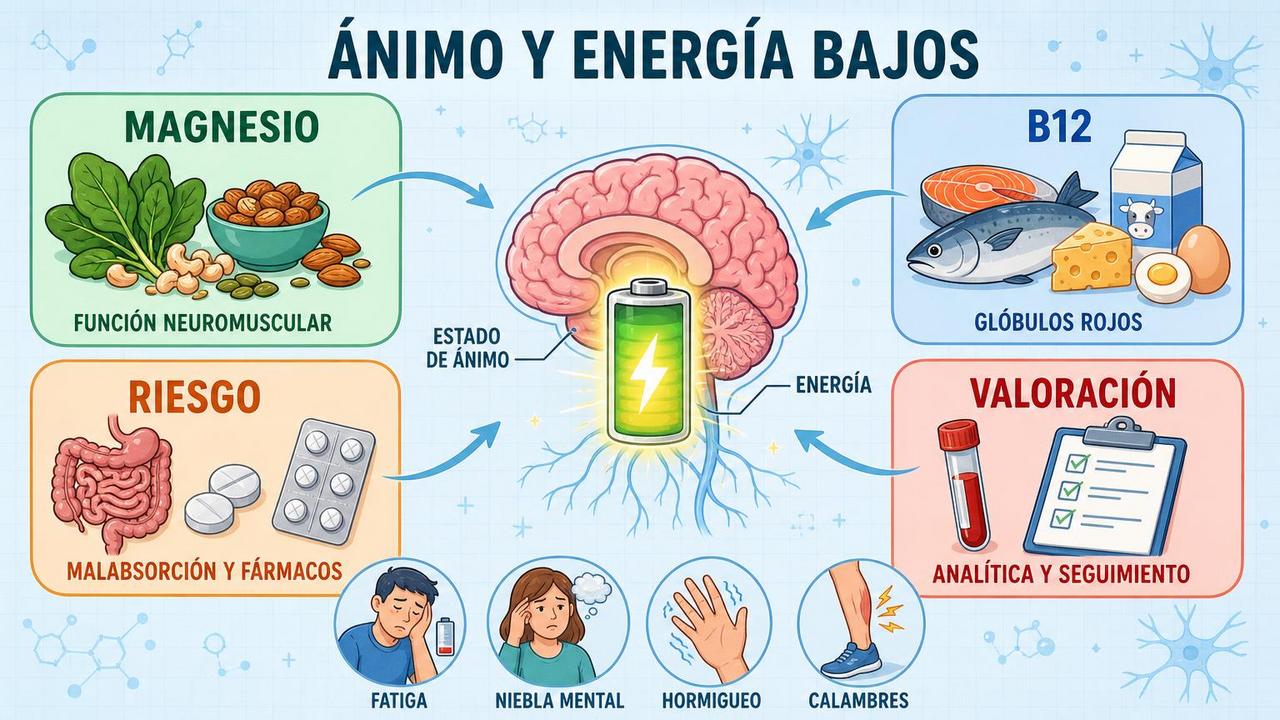 Magnesio, vitamina B12, factores de riesgo y valoración clínica explican fatiga persistente.