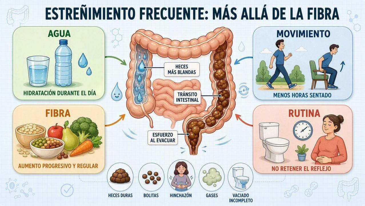 Agua, movimiento, fibra y rutina ayudan a mejorar el tránsito intestinal.