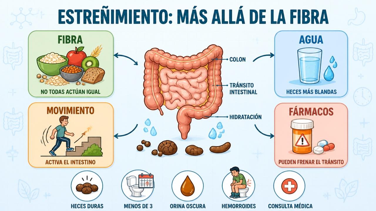Fibra, hidratación, movimiento y fármacos influyen en el tránsito intestinal.