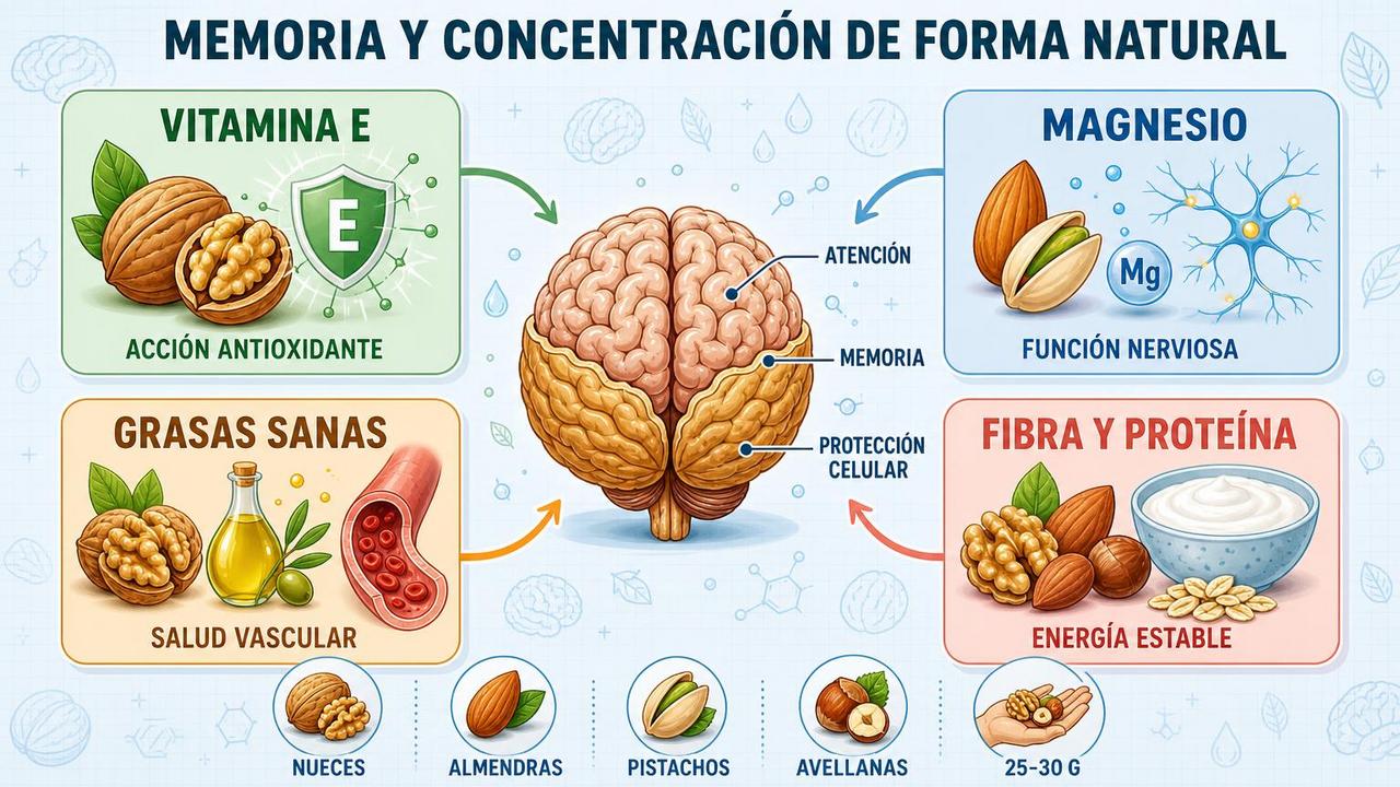 Vitamina E, magnesio, grasas sanas y fibra sostienen la salud cerebral.