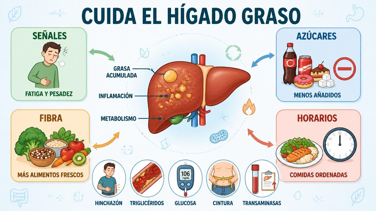 Señales, menos azúcares, más fibra y horarios regulares para proteger el hígado.
