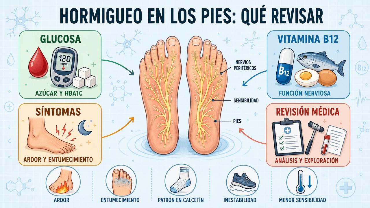 Glucosa, vitamina B12, síntomas y revisión médica orientan la causa.
