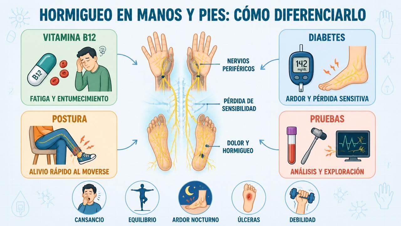 Claves para diferenciar postura, déficit de B12, diabetes y pruebas médicas.