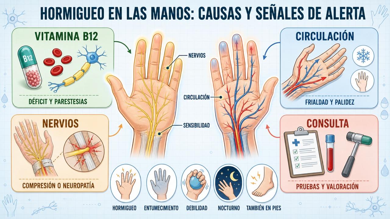 Vitamina B12, circulación, nervios y valoración médica explican el hormigueo repetido.
