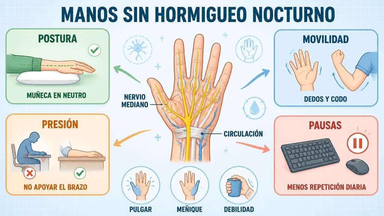 Postura, movilidad, menos presión y pausas ayudan a reducir el adormecimiento nocturno.