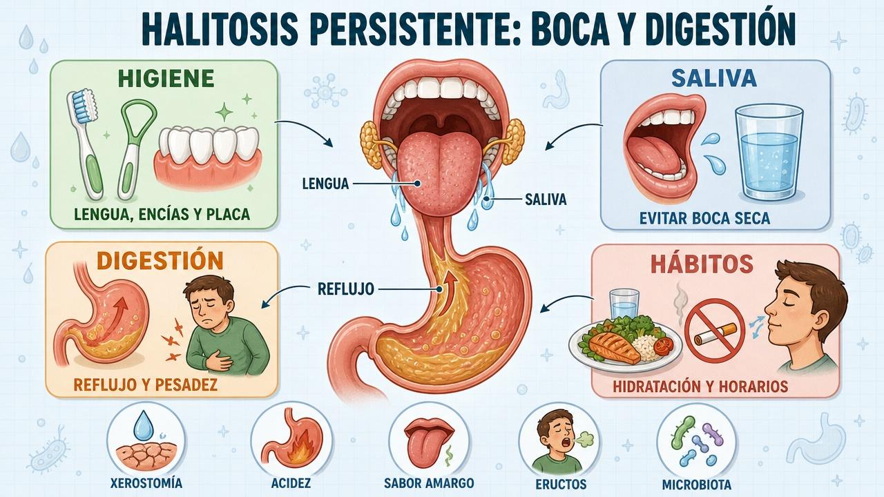 Higiene, saliva, digestión y hábitos: pilares para entender la halitosis persistente.
