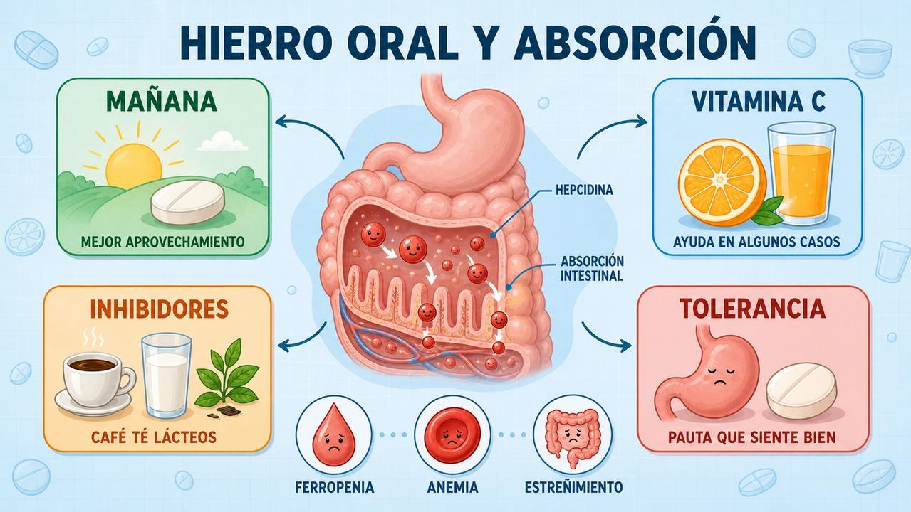 Horario, vitamina C, inhibidores y tolerancia resumen la toma eficaz del hierro.