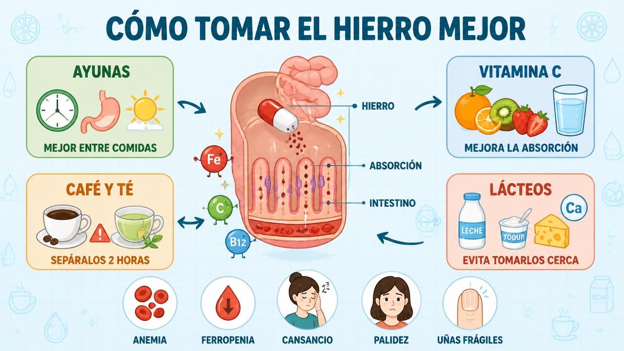 Ayunas, vitamina C y separación de inhibidores optimizan la absorción del hierro.