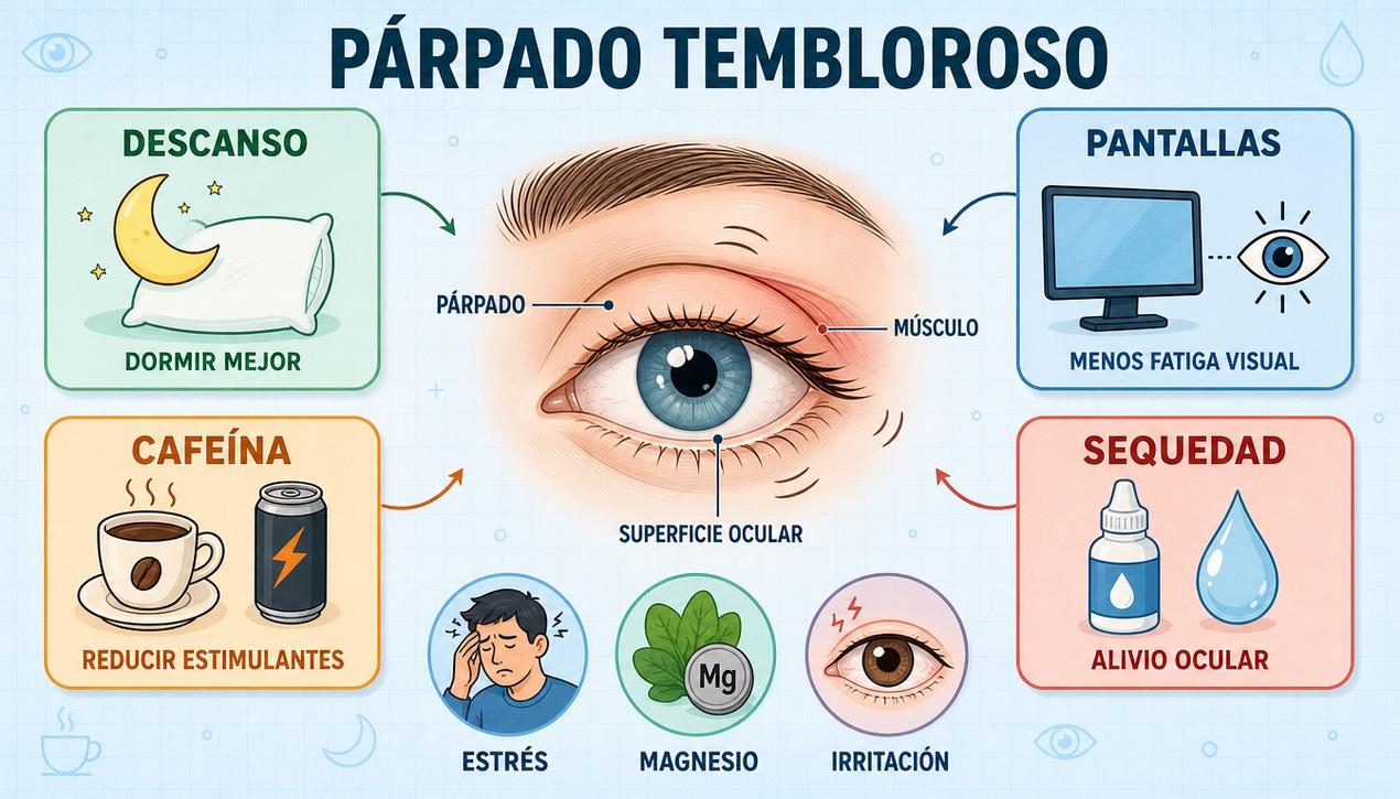 Descanso, pantallas, cafeína y sequedad ocular influyen en la mioquimia palpebral.