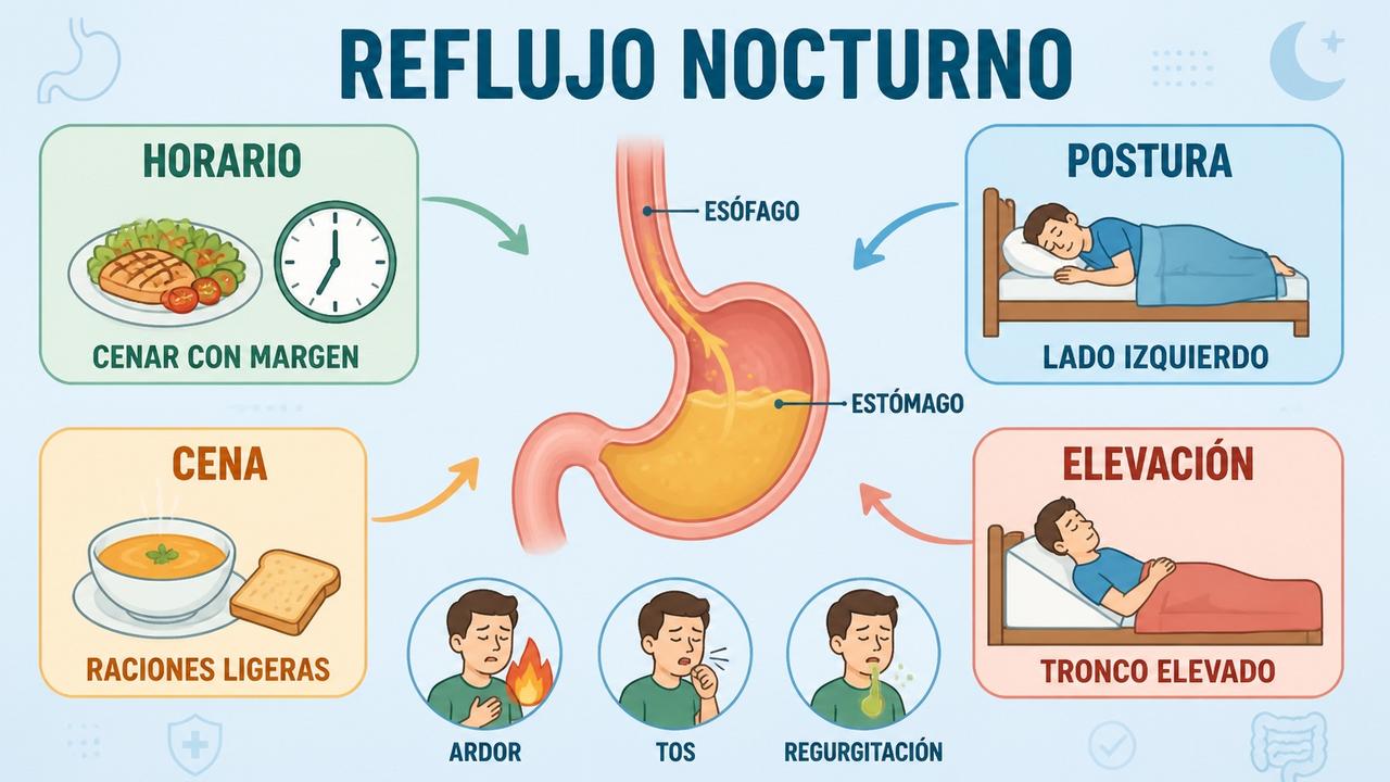 Horario, postura, cena ligera y elevación del tronco ayudan frente al reflujo nocturno.