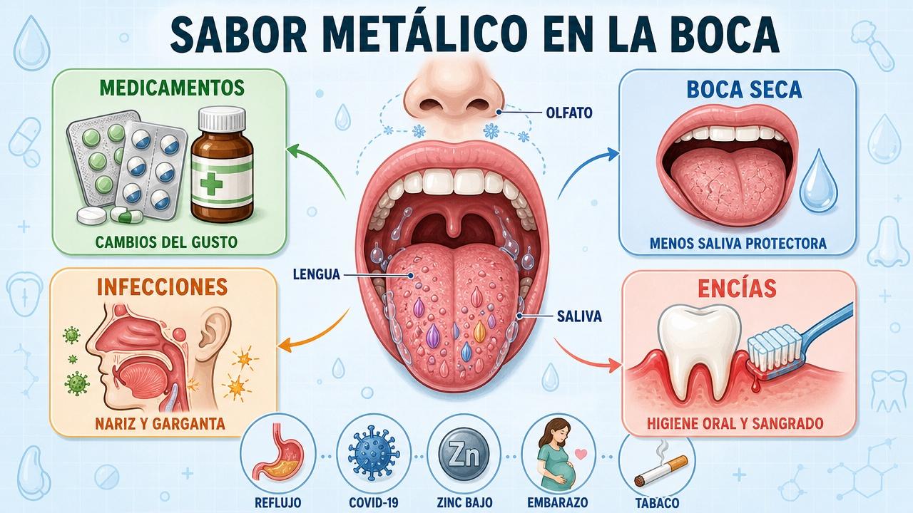 Medicamentos, saliva, infecciones y encías explican causas frecuentes de disgeusia.