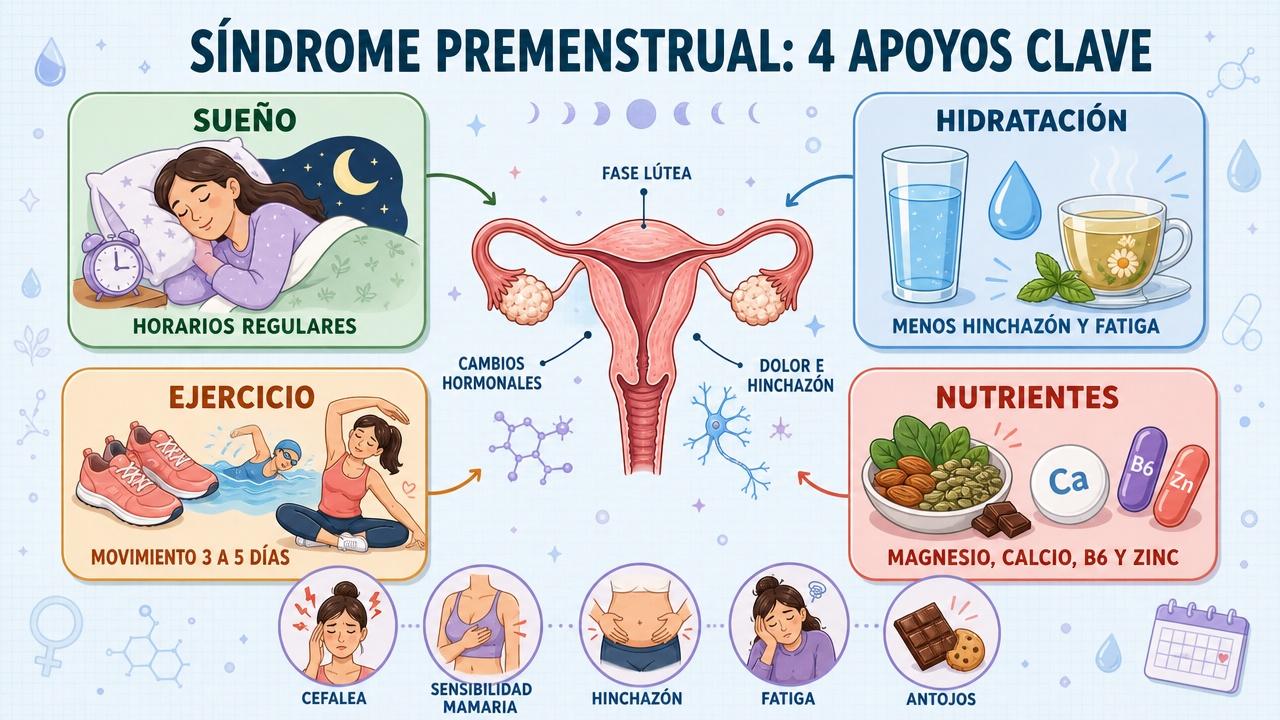 Sueño, hidratación, ejercicio y nutrientes ayudan a aliviar el síndrome premenstrual.