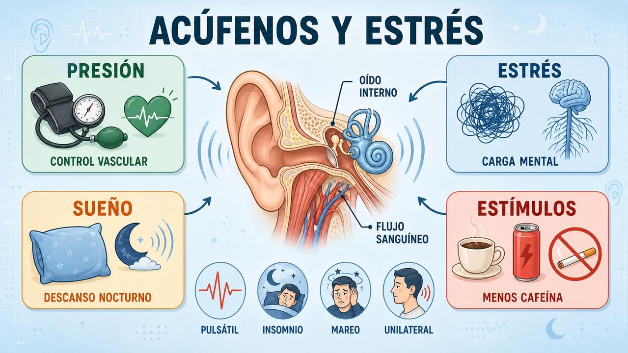 Presión, estrés, sueño y estimulantes influyen en la percepción de los acúfenos.