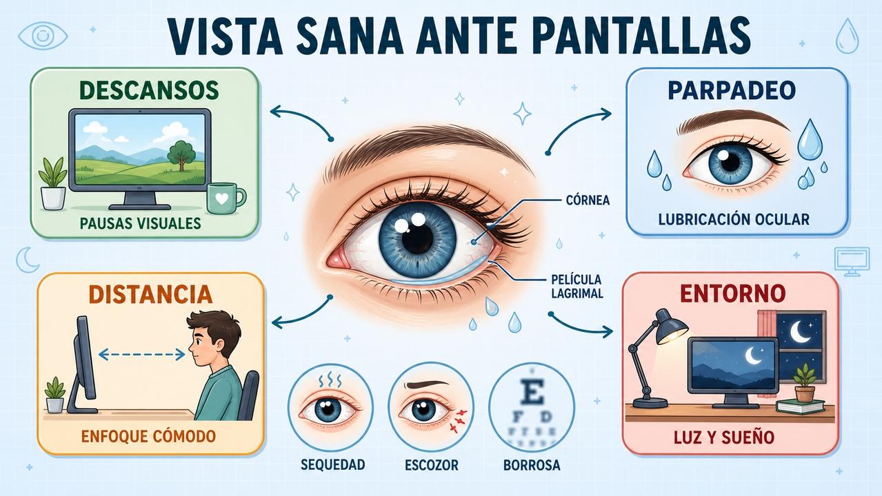 Descansos, parpadeo, distancia y entorno sostienen una visión más cómoda.