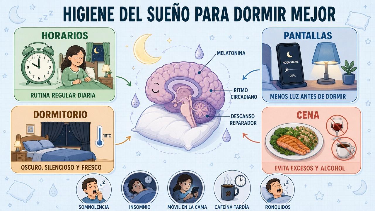 Horarios, pantallas, dormitorio y cena: pilares clave de la higiene del sueño.