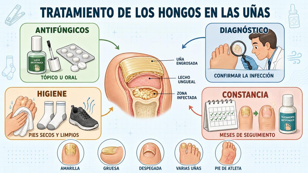 Diagnóstico, antifúngicos, higiene y constancia sostienen el tratamiento eficaz de la onicomicosis.