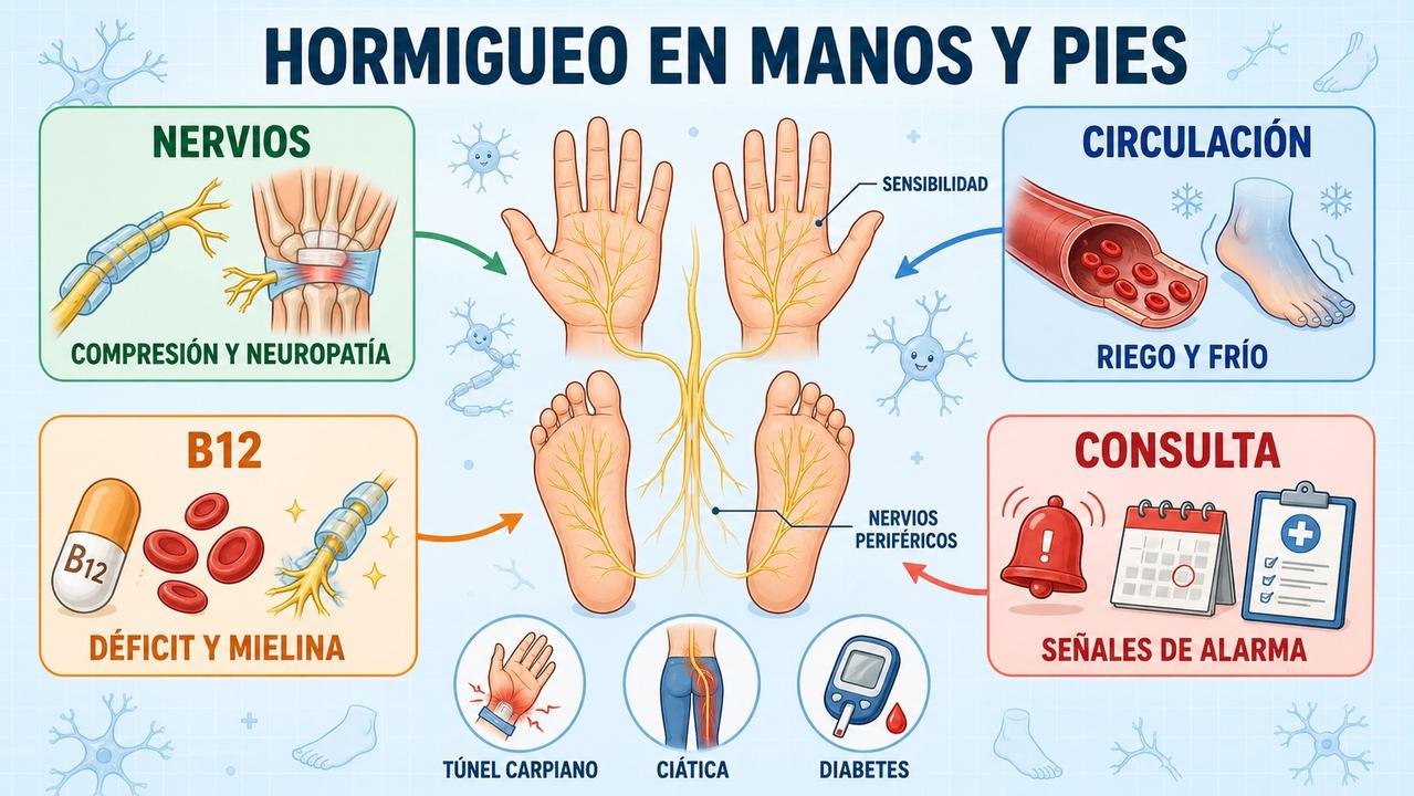 Nervios, circulación, vitamina B12 y señales de alarma orientan la valoración.