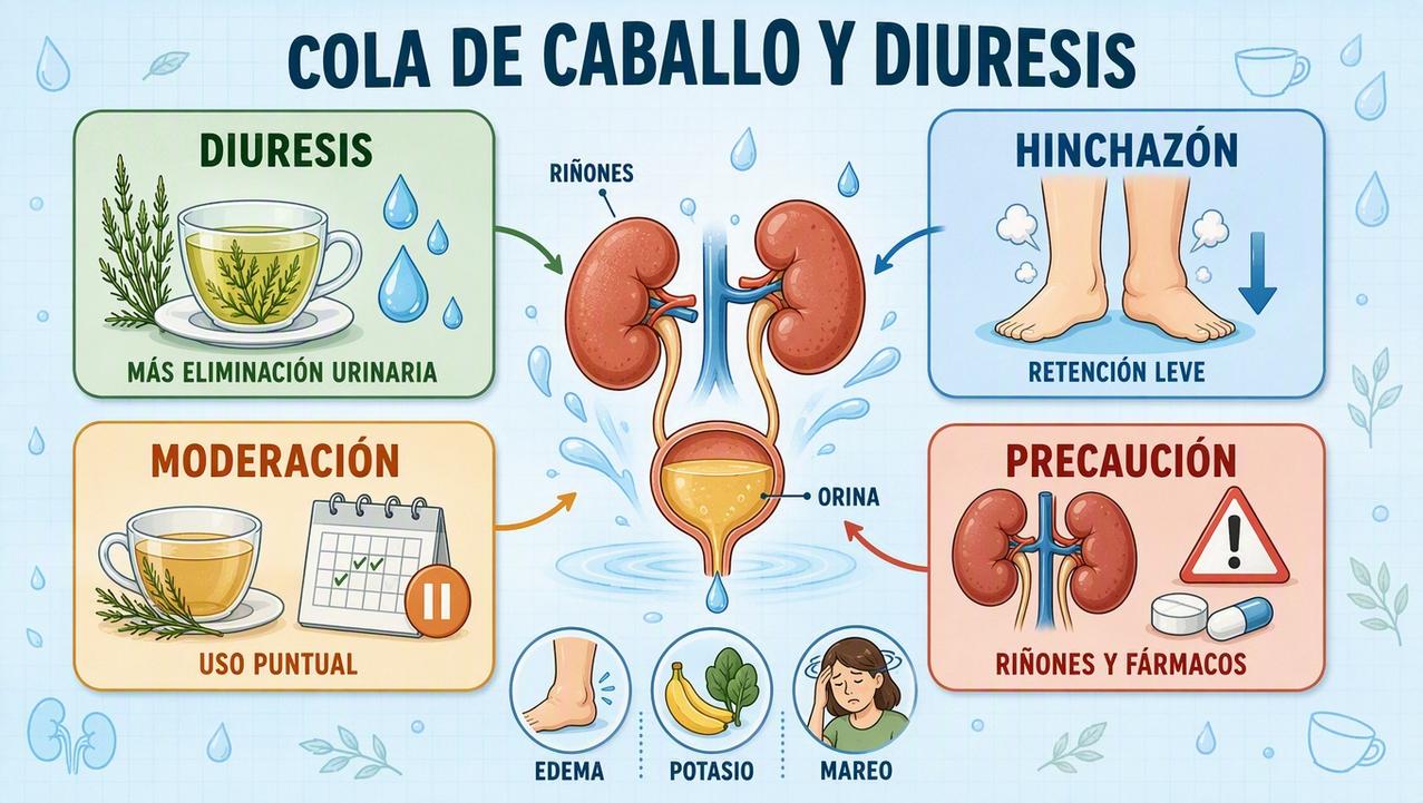 Diuresis, moderación y precauciones clave al tomar infusión de cola de caballo.