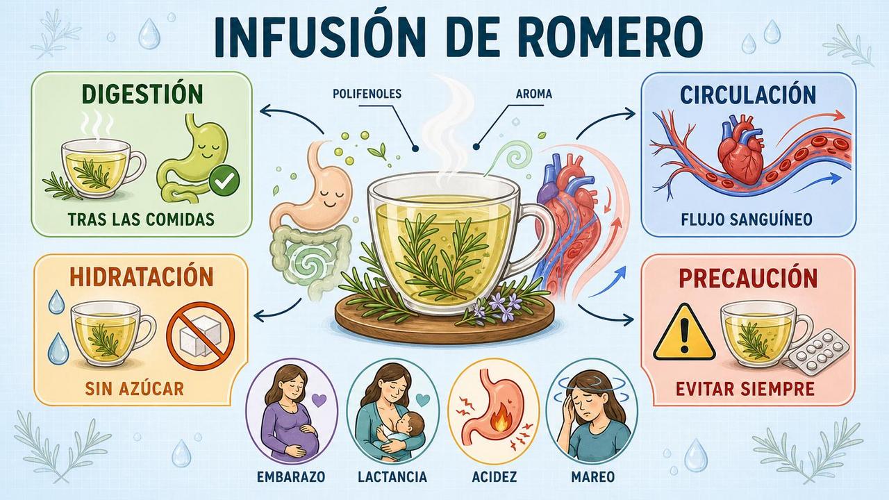 Digestión, circulación, hidratación y precauciones clave de la infusión de romero.