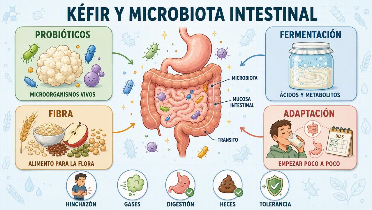 Probióticos, fermentación, fibra y adaptación explican cómo actúa el kéfir.