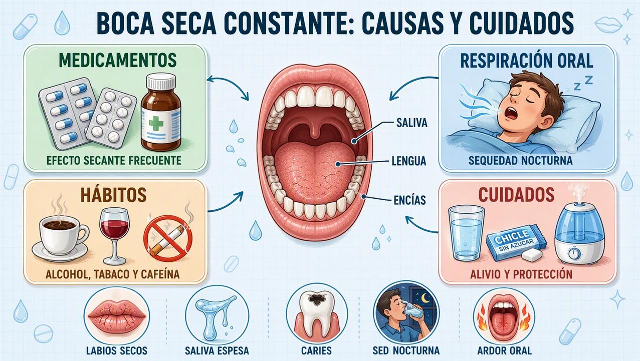 Medicamentos, respiración oral, hábitos y cuidados clave frente a la boca seca.