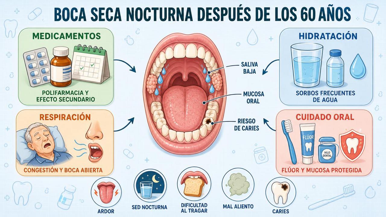 Medicamentos, hidratación, respiración y cuidado oral: claves frente a la boca seca.