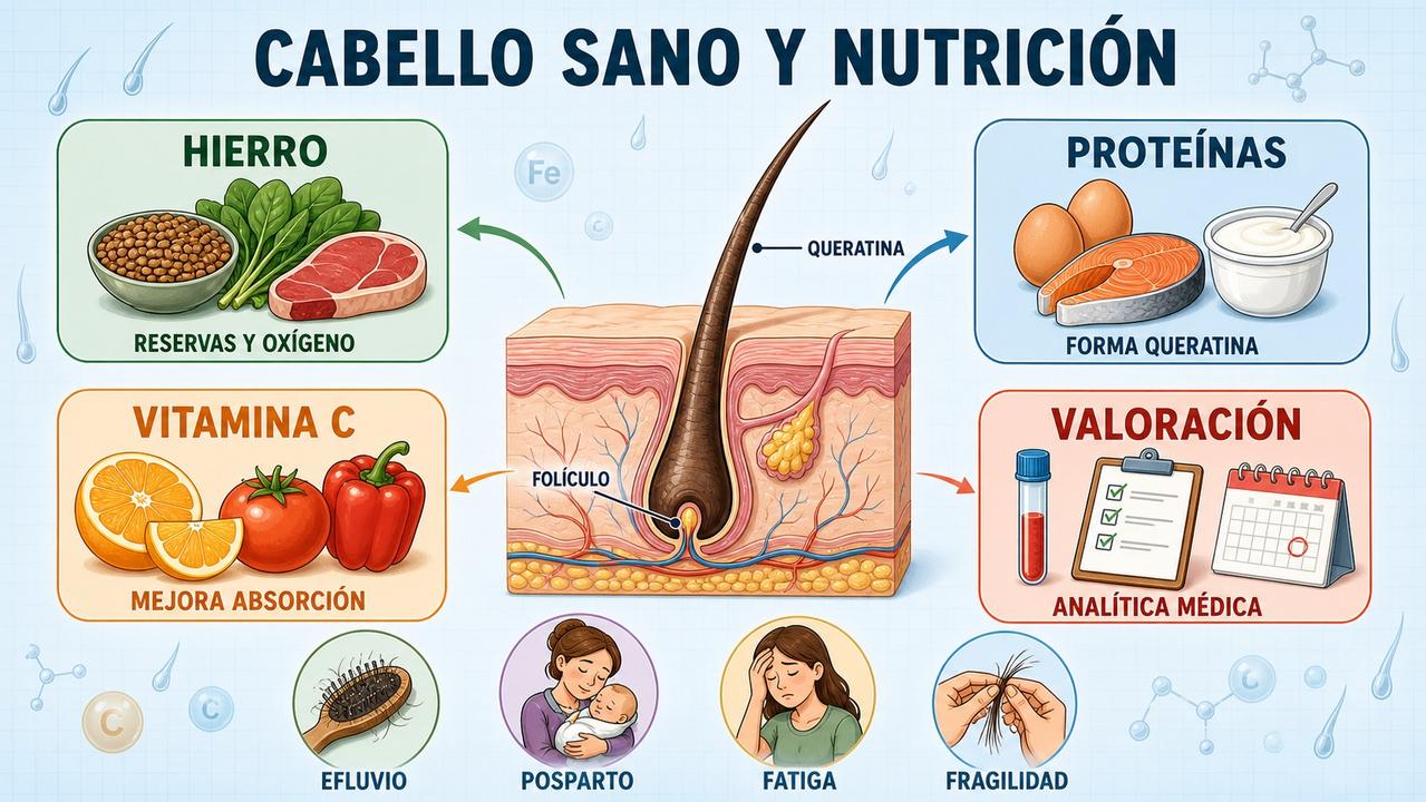 Hierro, proteínas, vitamina C y valoración médica apoyan la salud capilar.