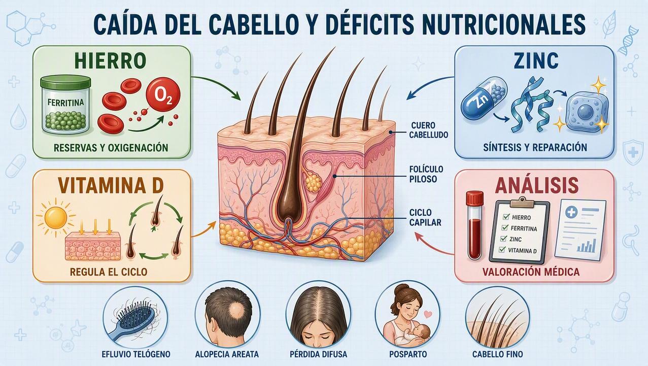 Hierro, zinc, vitamina D y análisis orientan el cuidado del folículo.