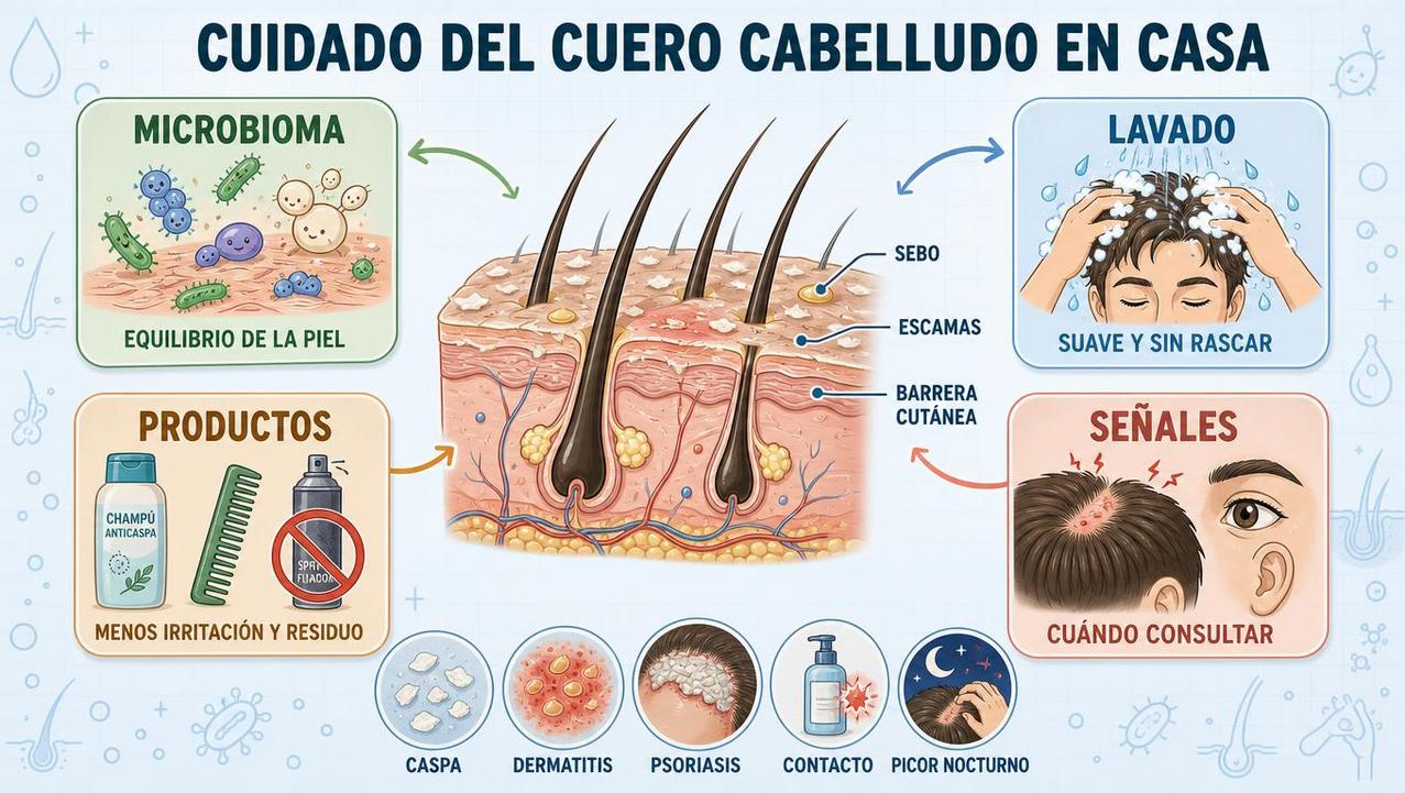 Cuatro pilares para cuidar el cuero cabelludo y reconocer señales de alarma.
