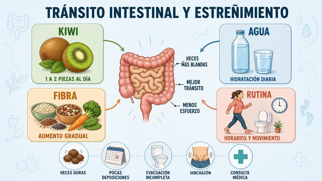 Kiwi, agua, fibra y rutina: pilares clave contra el estreñimiento.