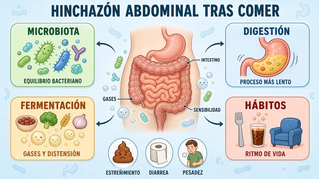 Microbiota, digestión, fermentación y hábitos influyen en la distensión abdominal.