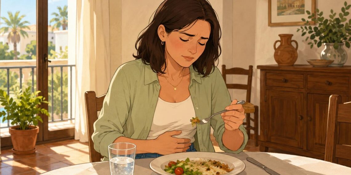 Comer deprisa y tragar aire puede favorecer la hinchazón abdominal tras las comidas.