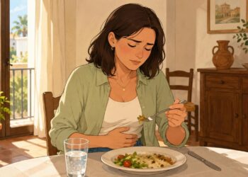 Comer deprisa y tragar aire puede favorecer la hinchazón abdominal tras las comidas.