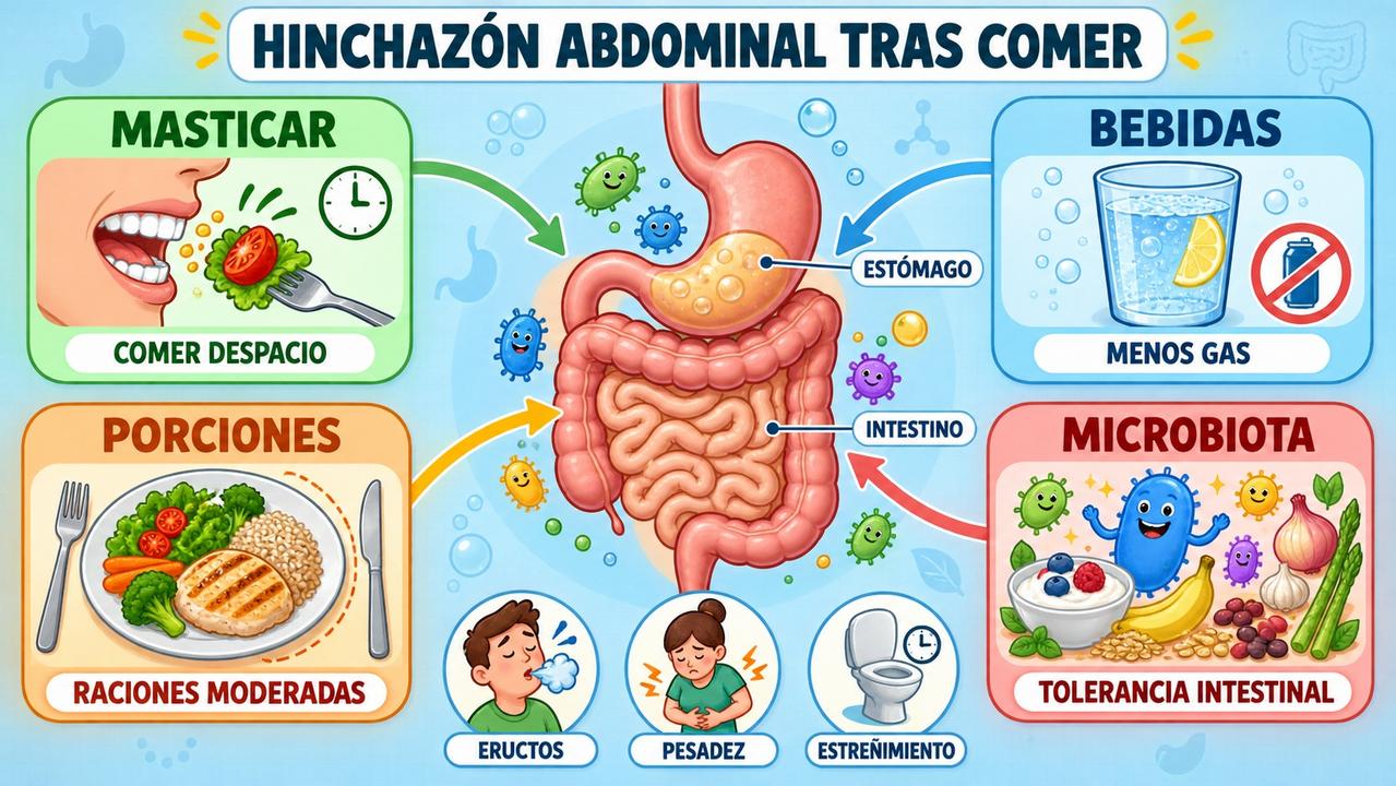 Masticación, bebidas, porciones y microbiota influyen en la hinchazón abdominal posprandial.