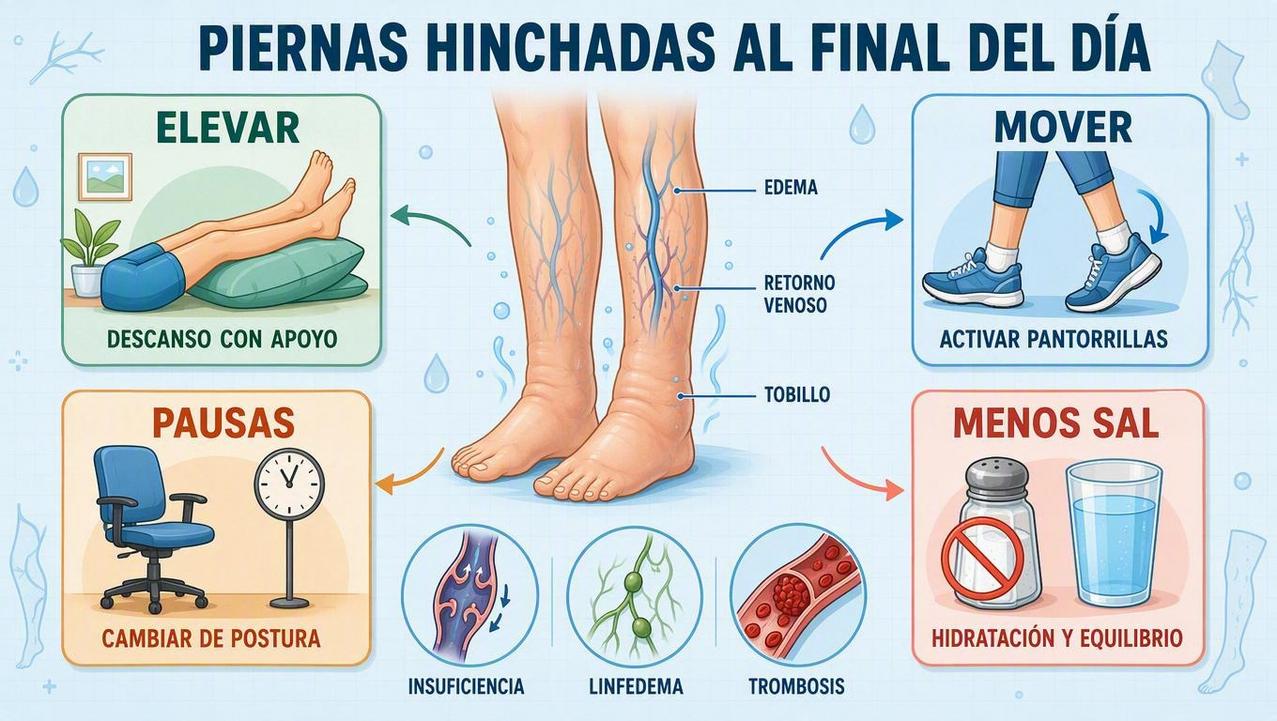 Elevar, mover, hacer pausas y reducir sal ayudan frente al edema.