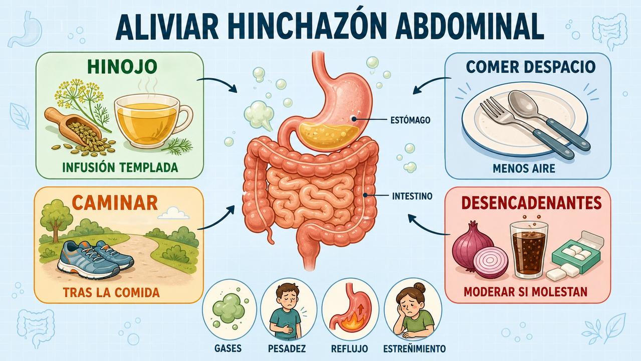 Hinojo, comer despacio, caminar y moderar desencadenantes ayudan frente a la hinchazón.
