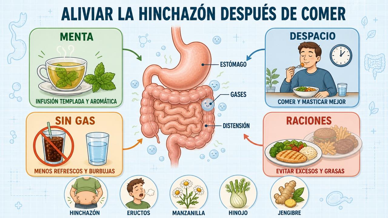 Menta, ritmo al comer, menos gas y raciones moderadas mejoran el confort digestivo.