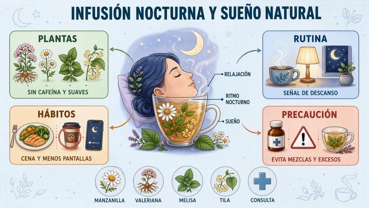 Plantas, rutina, hábitos y precauciones para usar infusiones antes de dormir.