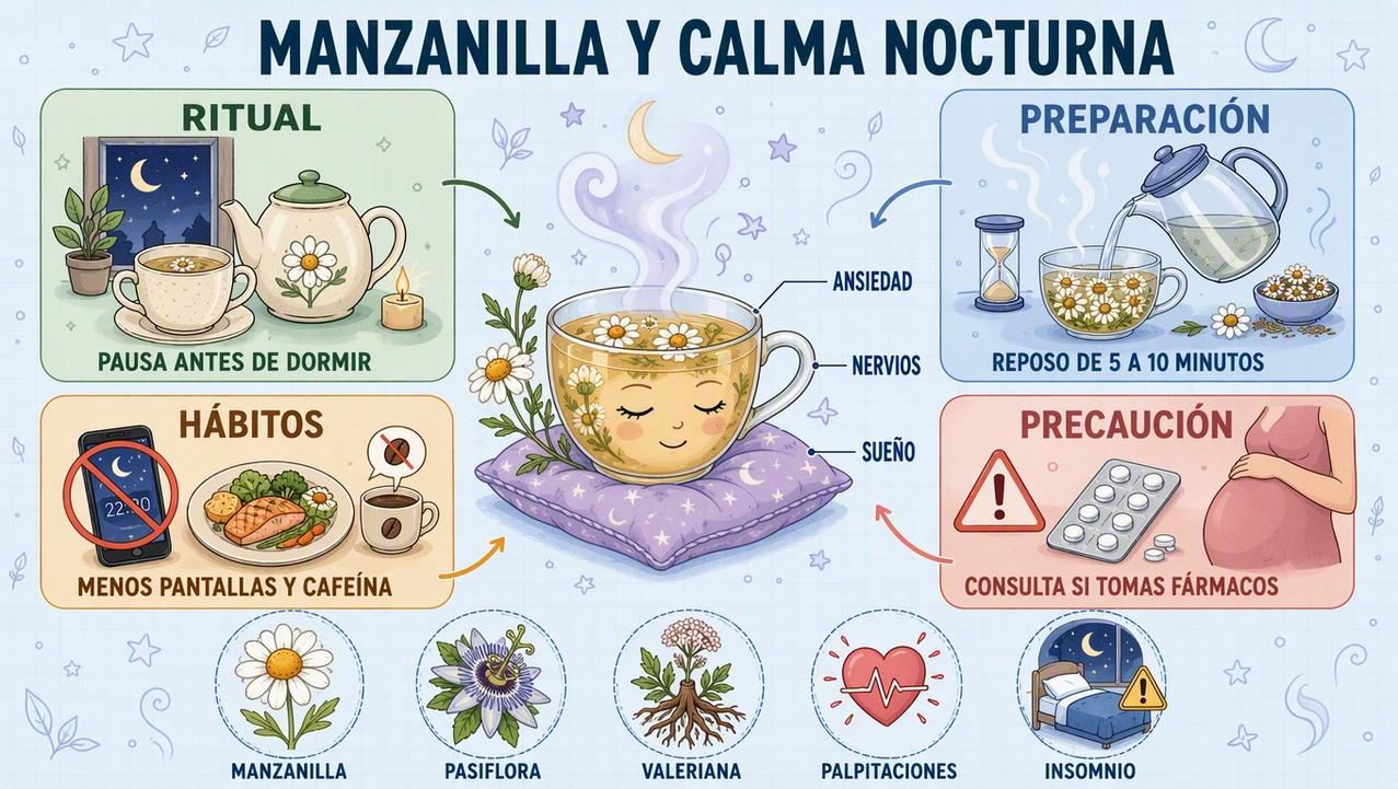Ritual, preparación, hábitos y precaución para usar manzanilla por la noche.