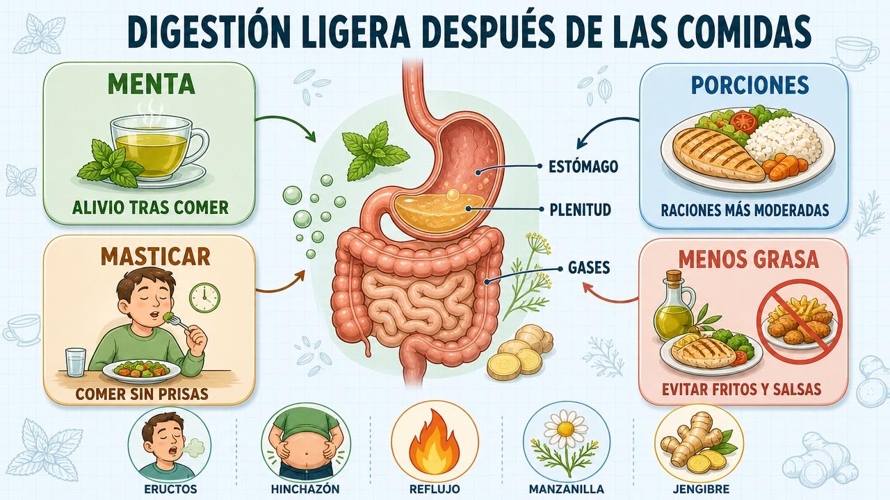 Menta, porciones moderadas, masticación lenta y menos grasa favorecen la digestión.