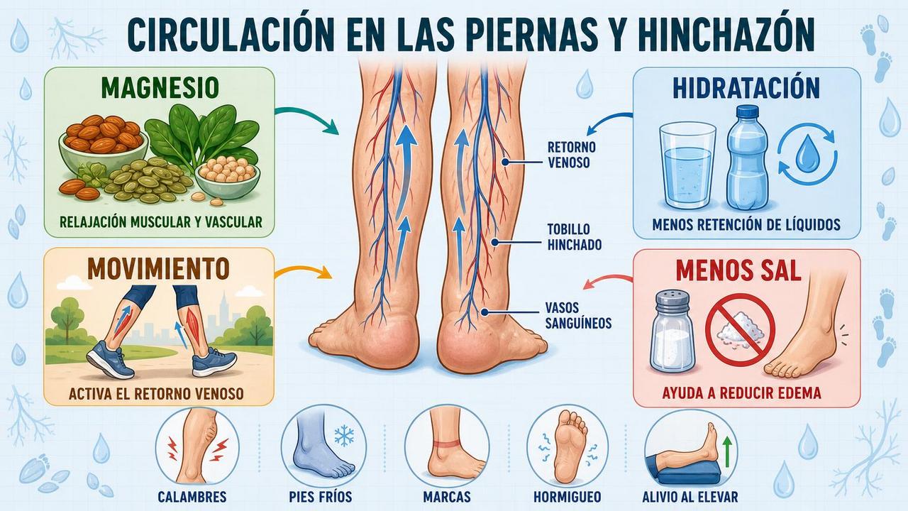 Magnesio, hidratación, movimiento y menos sal ayudan a mejorar la circulación.