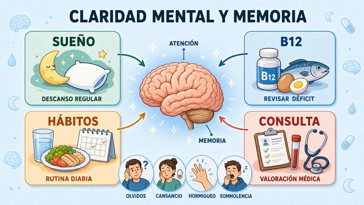 Sueño, vitamina B12, hábitos y valoración médica sostienen la claridad mental.