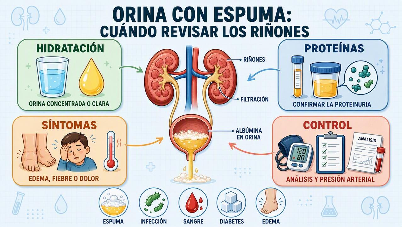 Hidratación, proteinuria, síntomas y control clínico orientan la evaluación renal.