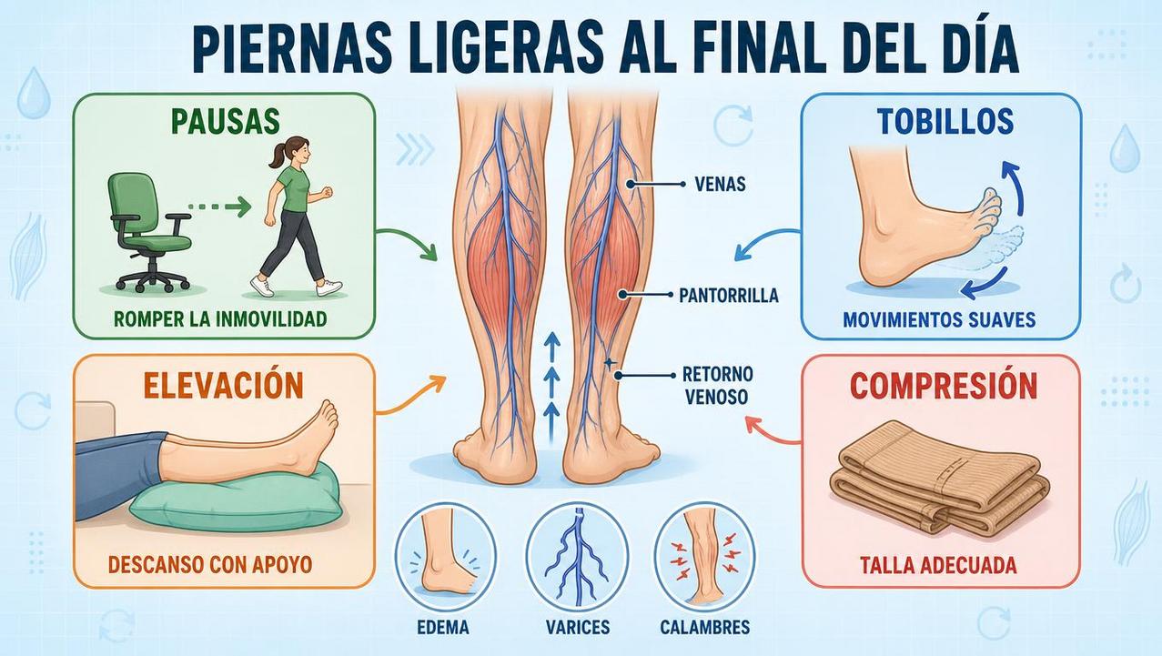 Pausas, tobillos, elevación y compresión ayudan al retorno venoso diario.