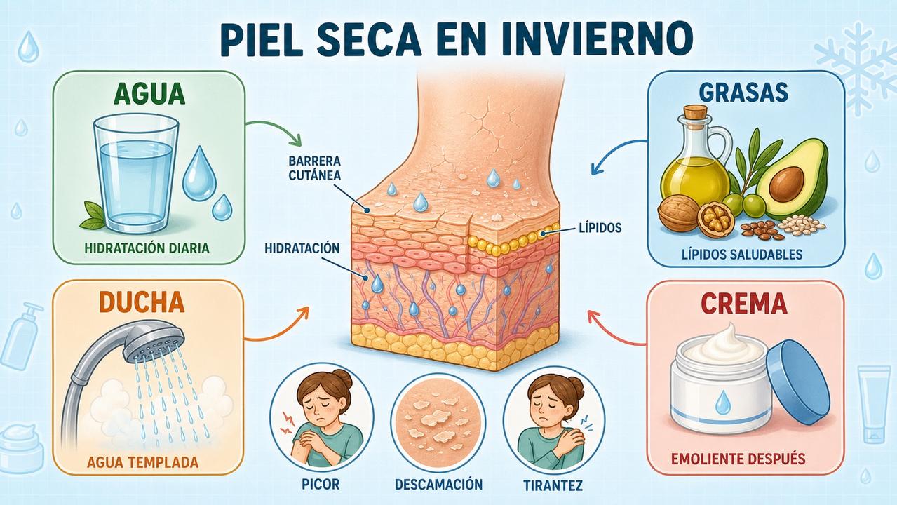 Agua, grasas saludables, duchas templadas y crema refuerzan la barrera cutánea.