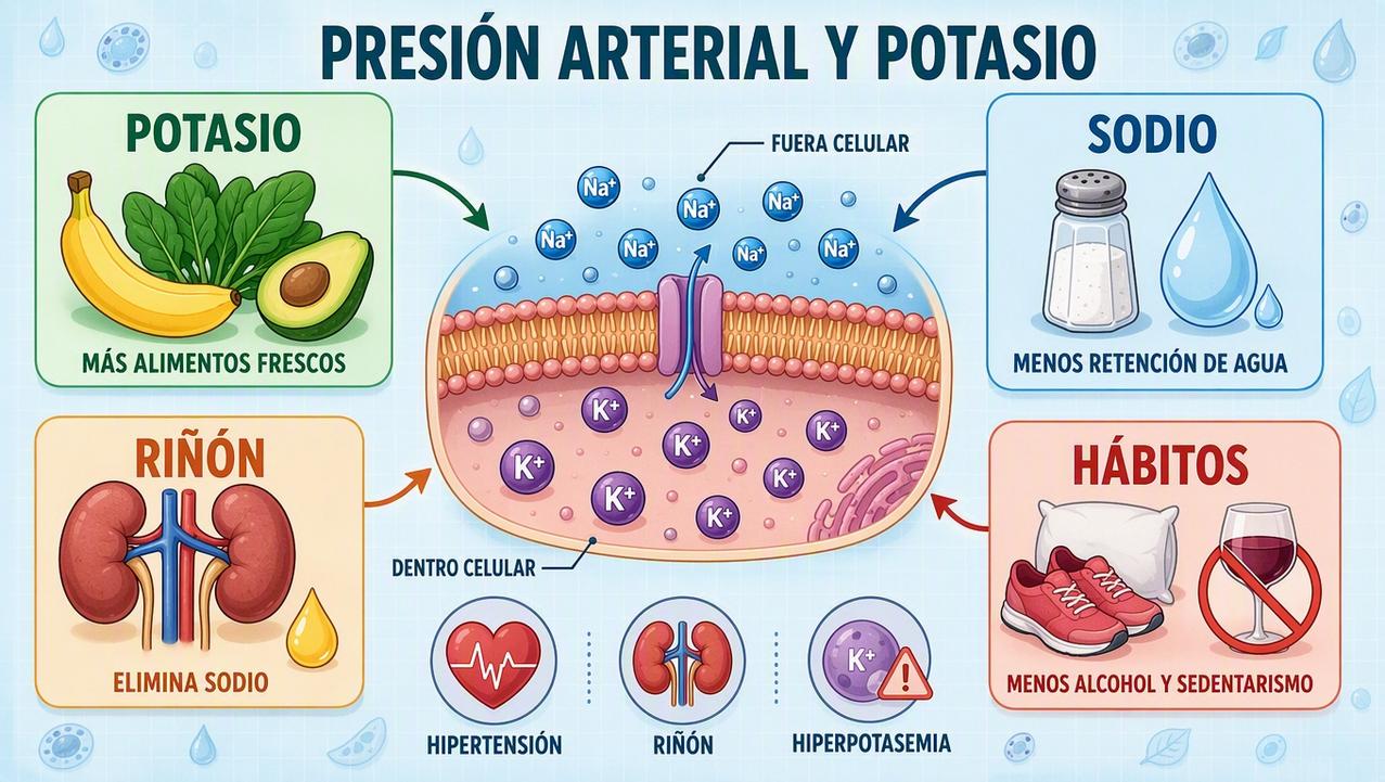Potasio, sodio, riñón y hábitos influyen en la presión arterial.