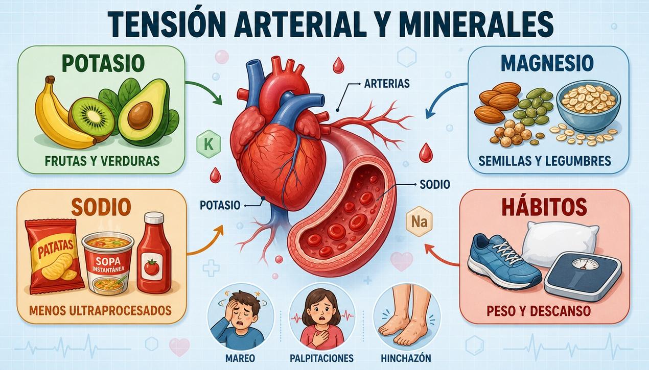 Potasio, magnesio, menos sodio y hábitos saludables protegen la presión arterial.