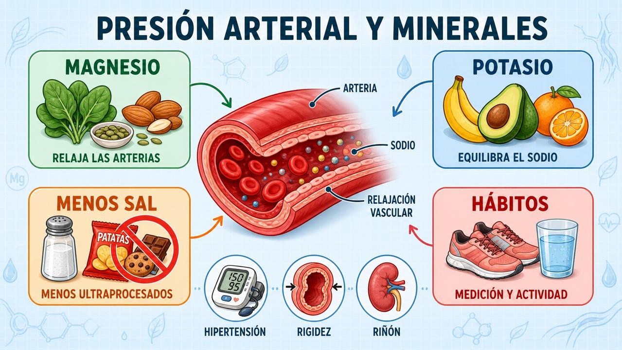 Magnesio, potasio, menos sal y hábitos saludables apoyan la función arterial.