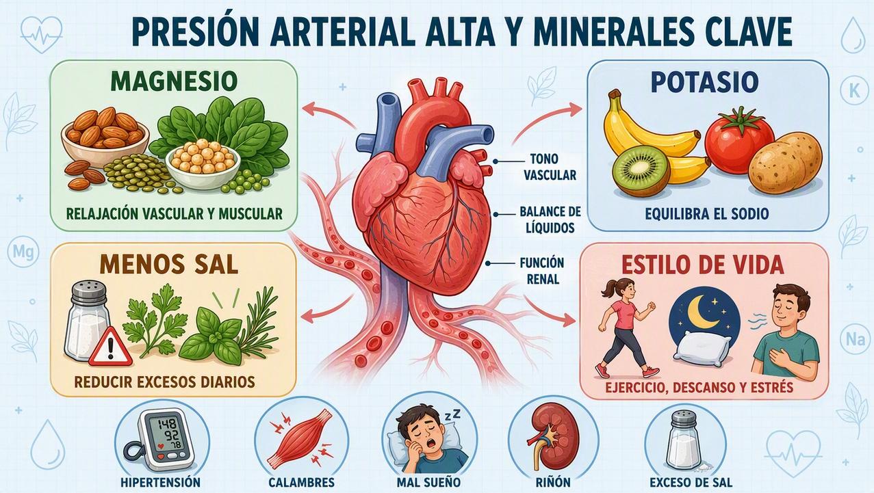 Magnesio, potasio, menos sal y hábitos saludables apoyan la presión arterial.